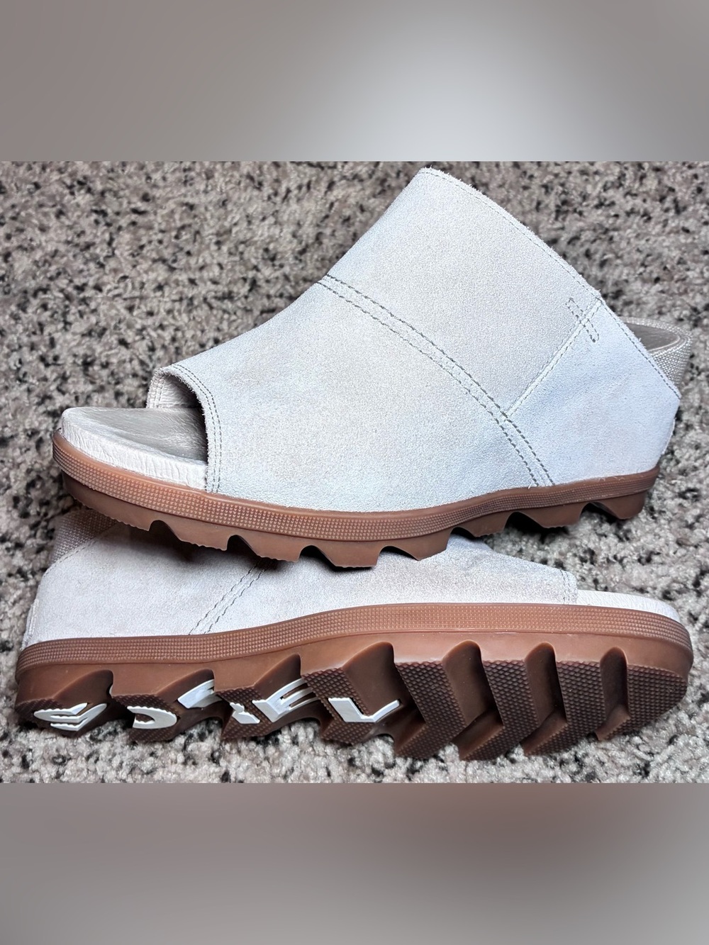 Sorel Joanie II Slide Wedge Platform Sandals Dove Gray Nubuck Leather Womens 10